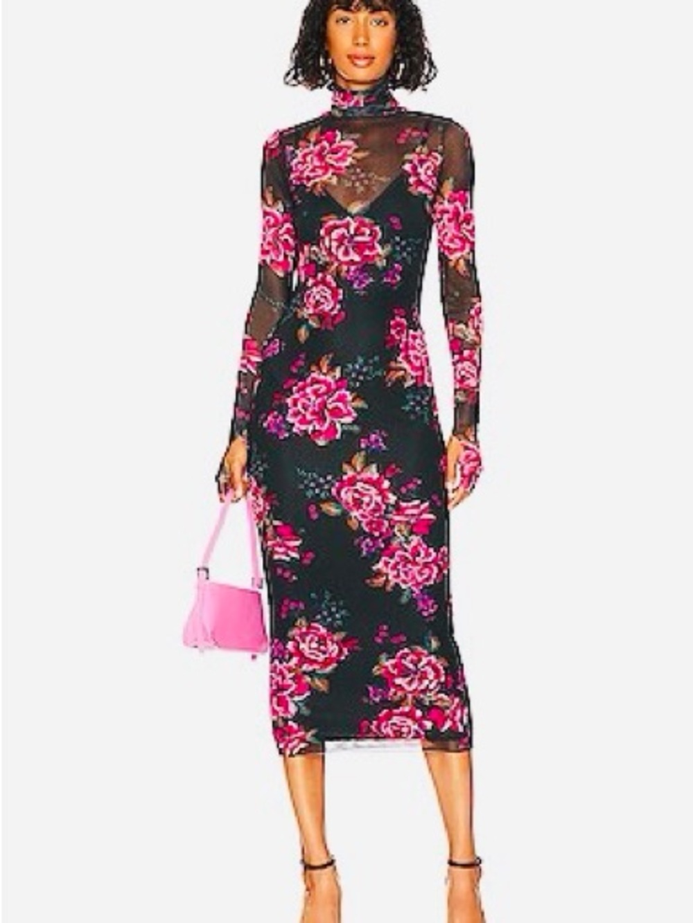 AFRM Black Mesh Midi Dress with Pink Floral Print Shailene Dress in Noir Pink